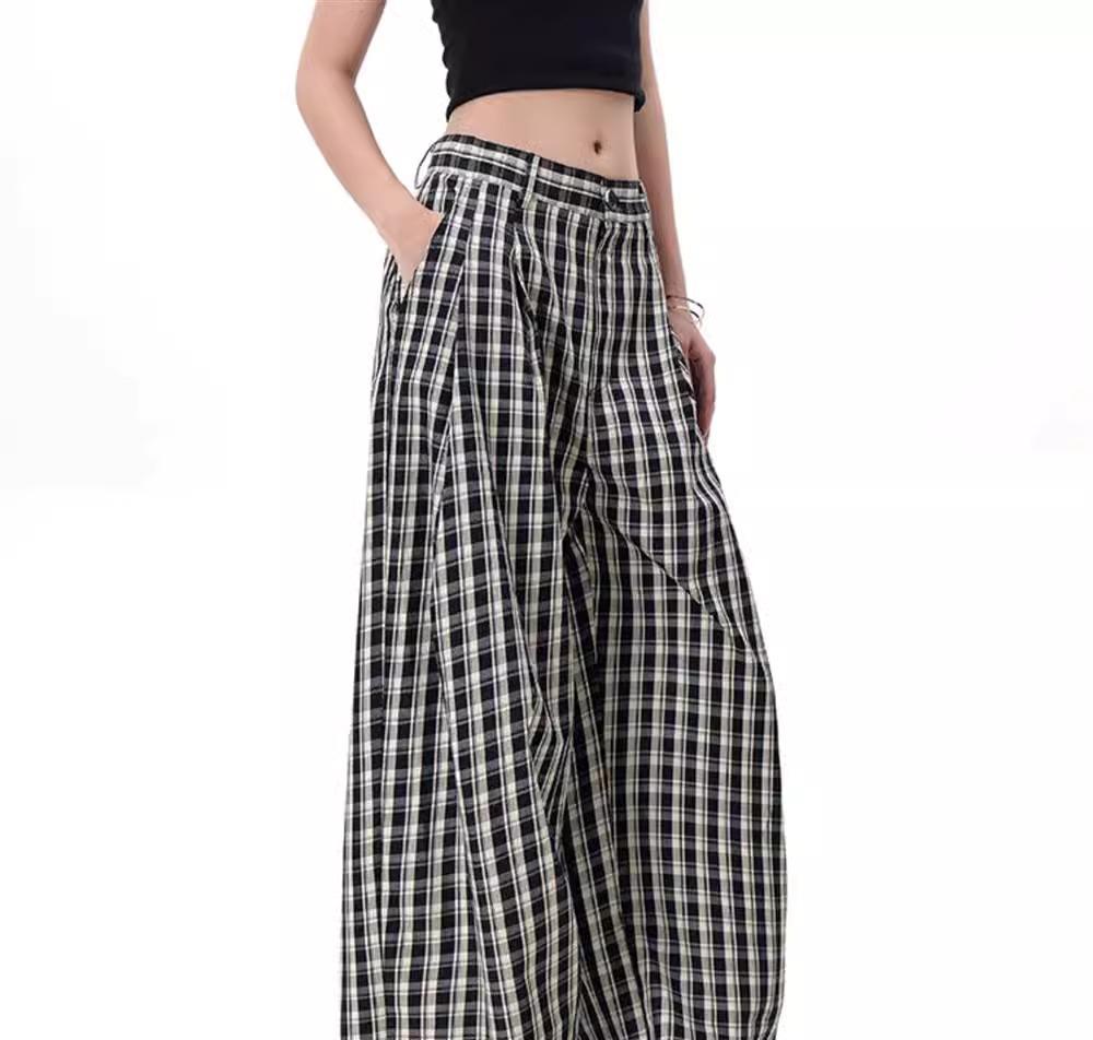 Retro British Style Plaid Striped High-Waist Wide-Leg Trousers