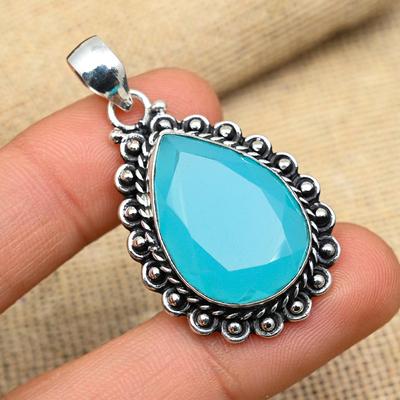 Fantastique calcédoine bleue pierre précieuse faite à la main 925 pendentif de bijoux en argent sterling massif pour elle