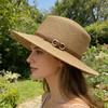 Panama Hat Women Men Faux Leather Buckle Straw Sun Hat French Style Flat-Top Style Wide Brim UV Protection Beach Hat