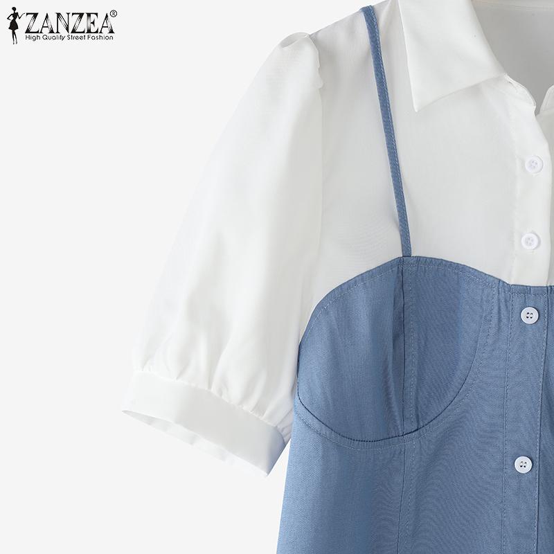 ZANZEA Women Casual Turn Down Collar Patchwork Short Sleeve Blouse