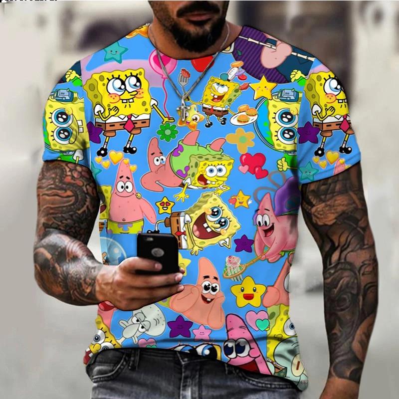 Letní Pánská Trička s Krátkým Rukávem s 3D Kresleným Potiskem Spongeboba s Kulatým Výstřihem