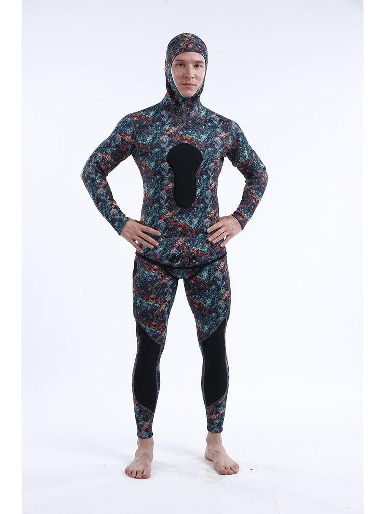 3mm Camouflage Two-Piece Wetsuit with Hood for Diving, Spearfishing, Freediving, and Snorkeling