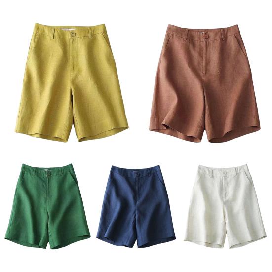 Women Summer Shorts Pocket Breathable Solid Color Straight Knee Length Daily Wear Loose High Waist Wide Leg Lady Shorts Female Clothes
