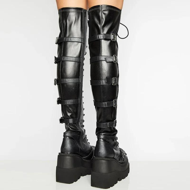 Womens Punk Edge Knee High Boots - Fashionable Platform Wedge Heel - Soft Round Toe Secure Lace-Up Design - Durable Chunky Sole