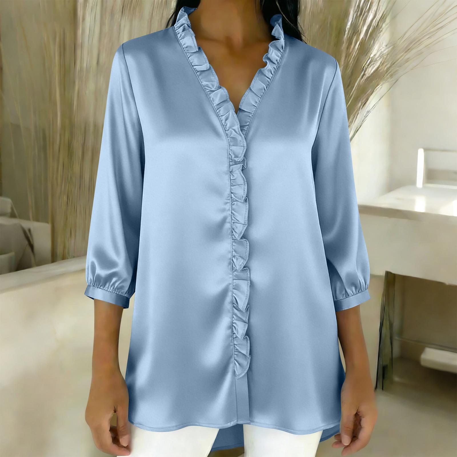 Ladies Fashionable and Elegant Ruffled Collar Satin Blouse M синий