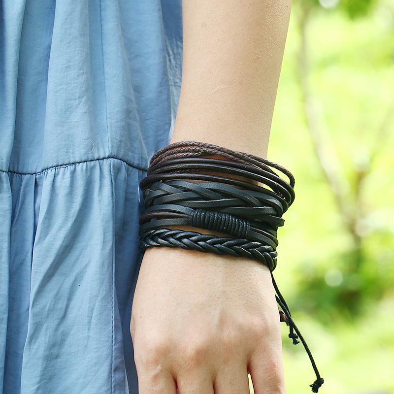 Cross-border European & American Multi-layer Cowhide Bracelet Set - 4-piece DIY Woven Leather Combination