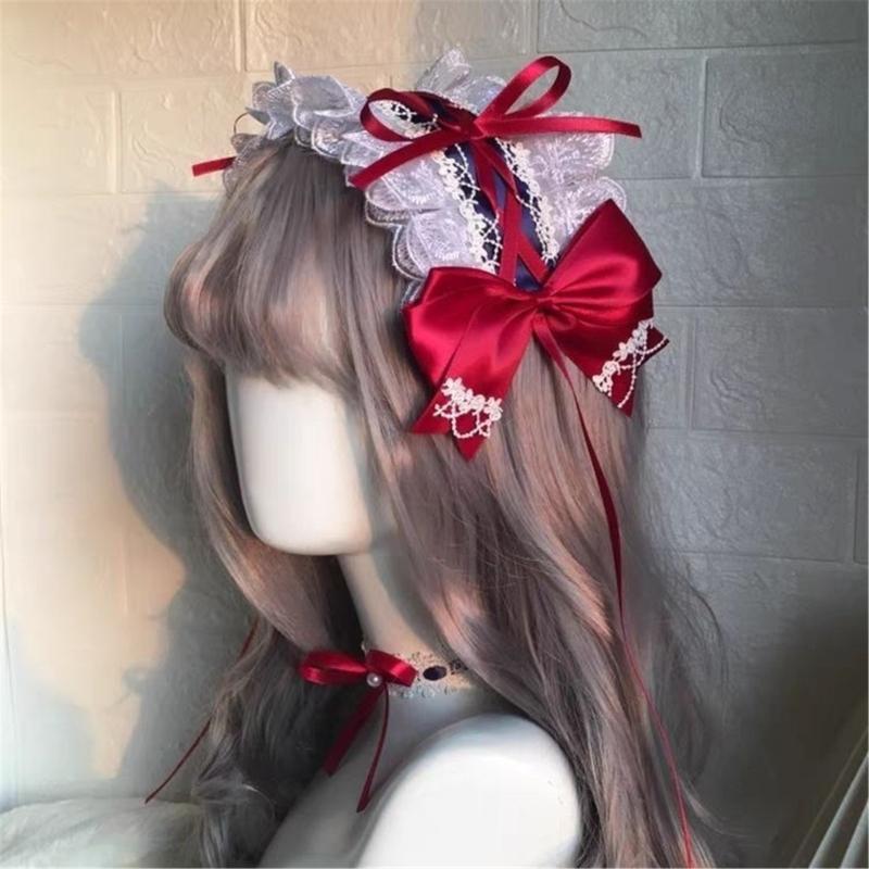 Rüschen-Spitzen-Kopfschmuck Stirnband Anime-Maid Cosplay Stirnband Lolitas Spitze Schleifen Kopfbedeckung Haaraccessoires Spitze Haarbänder
