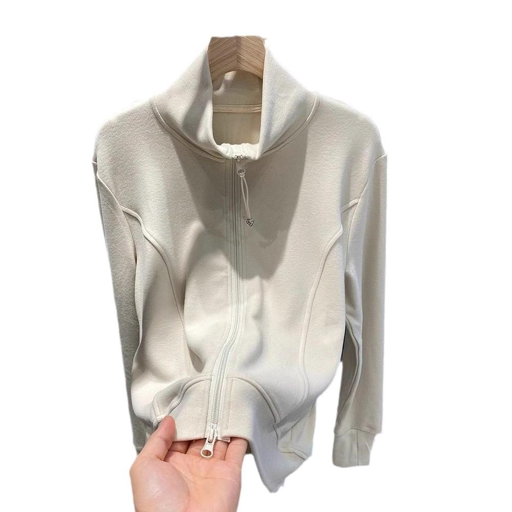 Korean Style Women's Zipper Long Sleeve Base Layer Top: Stand-Up Collar Sweatshirt Cardigan for Autumn/Winter 2024