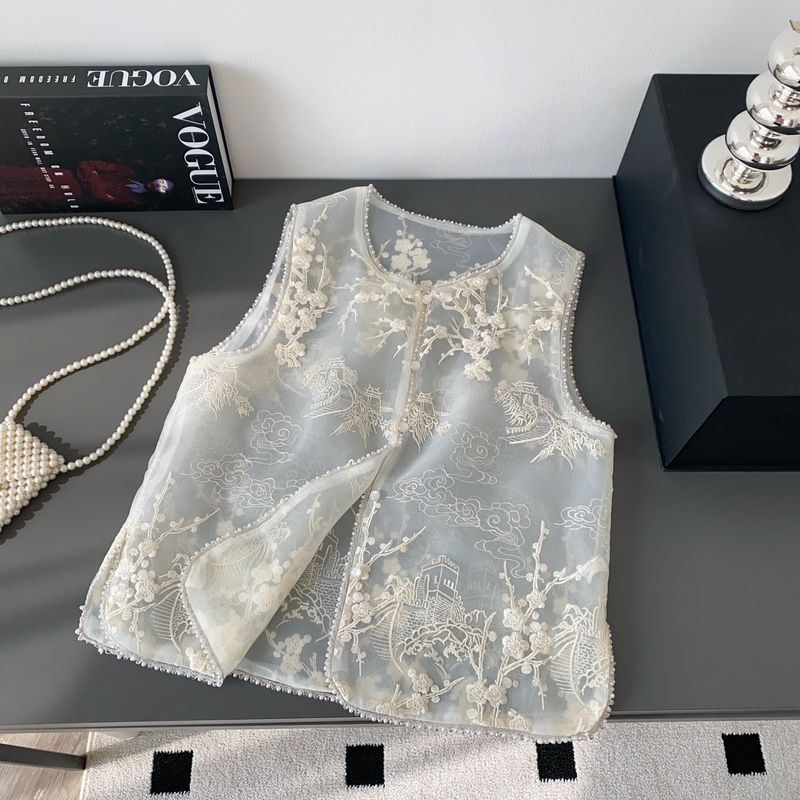 

National Style New Chinese Style Sleeveless Vest Women Summer Mesh Embroidery Hollow Breathable Design High-Grade Sense Niche Extremely Beautiful Top Apricot color S