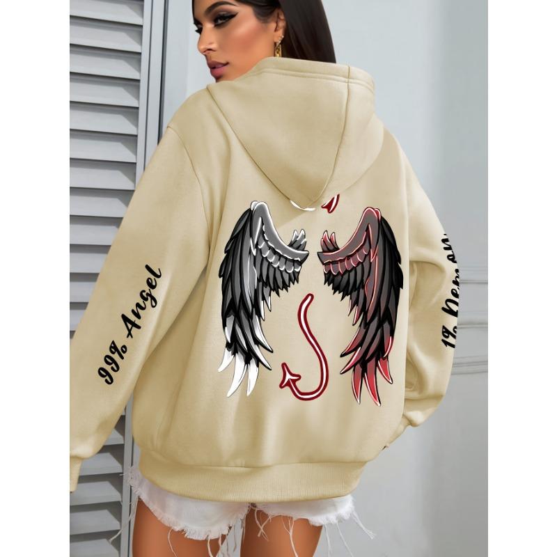 Übergröße Engels- und Dämonen-Print Hoodie, Lässiges Langarm-Kapuzensweatshirt mit Tasche für Winter & Herbst, Entwickelt für Damen