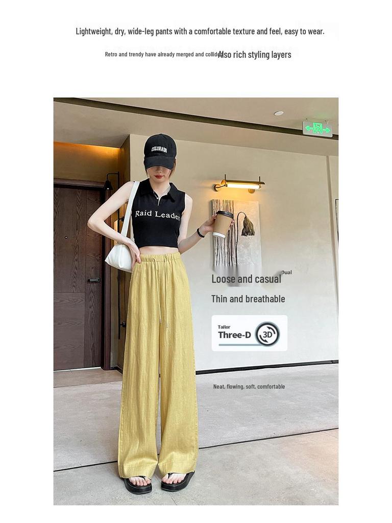 Summer 2026 Women's Yellow Wide-Leg Pants: Ice Silk Lyocell Linen Blend