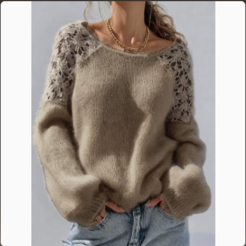 Damen Pullover mit Hohlmuster-Spitze, schulterfrei, Spitzenärmel-Patchwork, flauschig und elegant