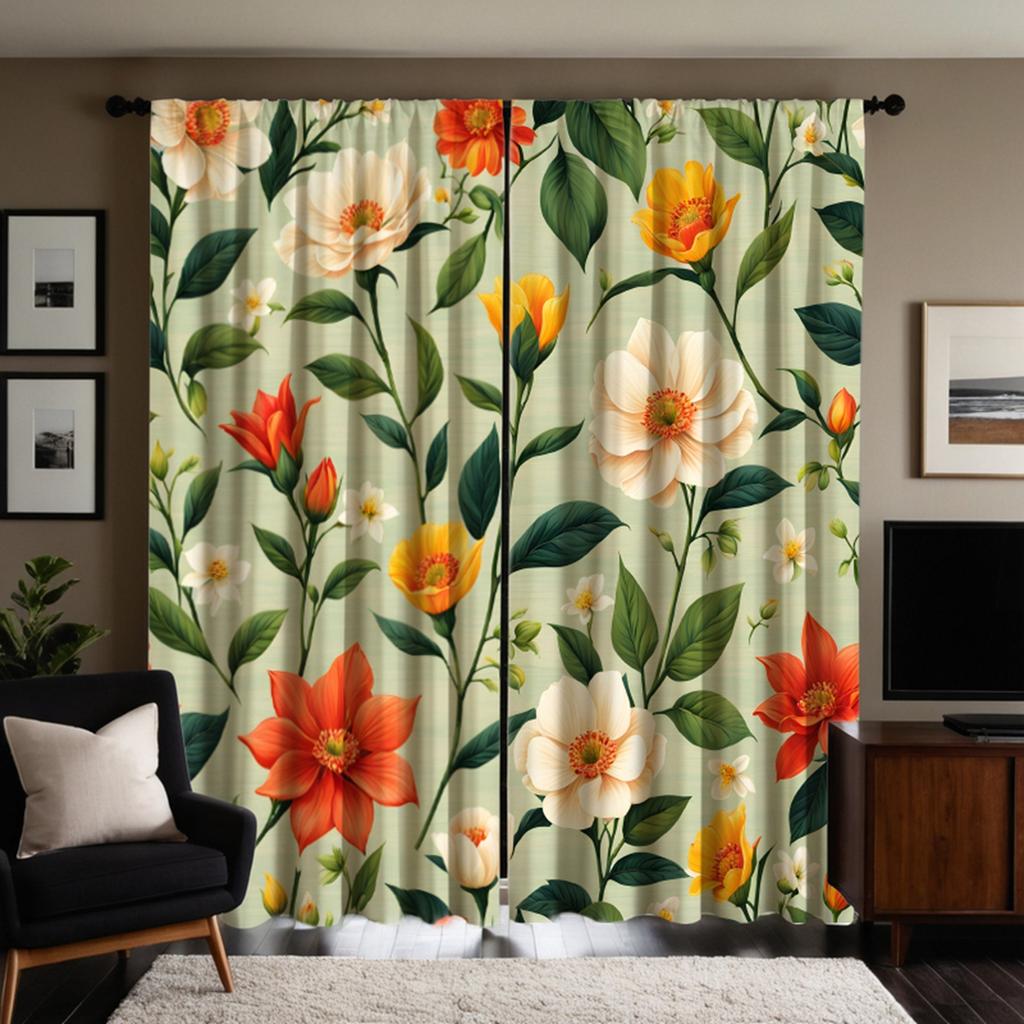 2 bucăți perdea decorativă cu frunze verzi pastorale HD, cu flori, perdea verde imprimată digital, decorațiune stil decorațiune casă livi