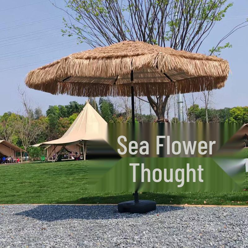 Simulated Straw Beach Umbrella with Cement Base