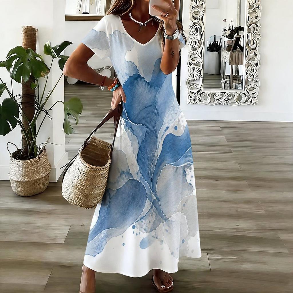 Women Plus Size V Neck Short Sleeve Abstract Printed Blue Beige White Long Maxi Dress