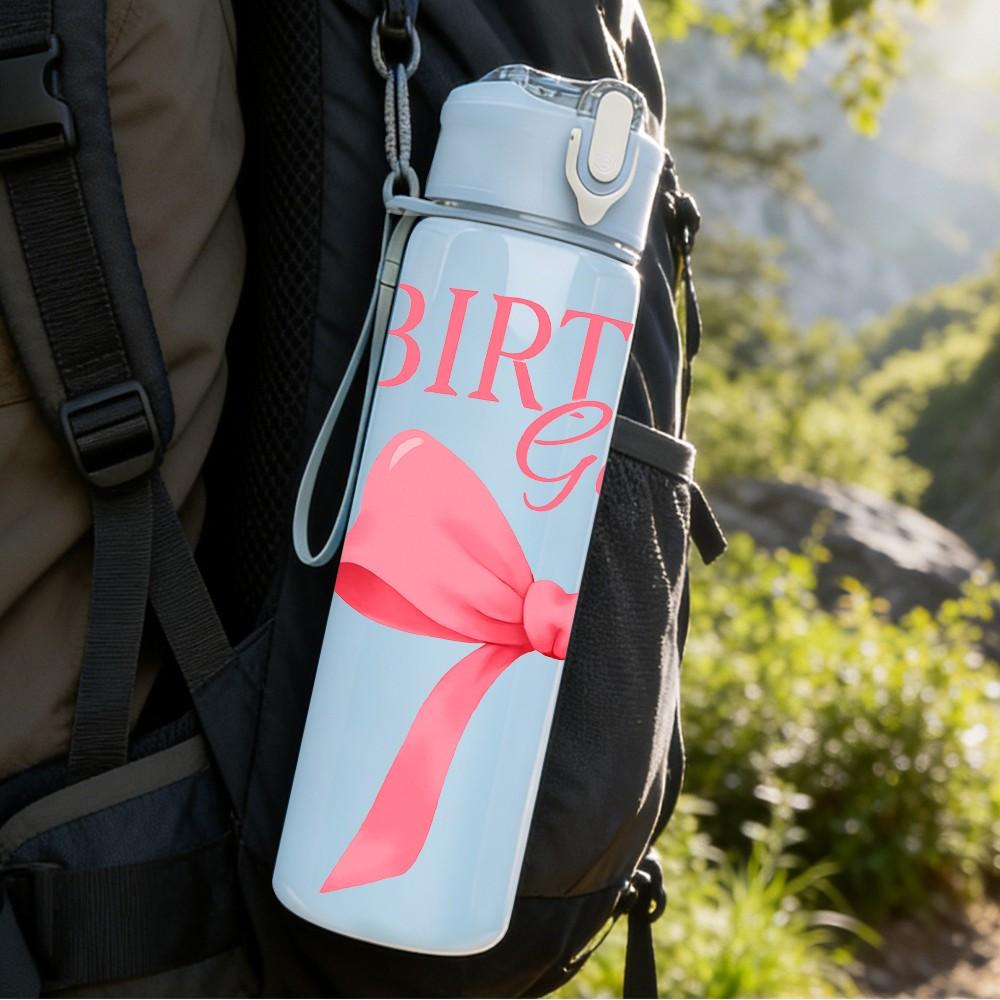 1PC Birthday Girl Pink Bow Ribbon Print 750ml Color Plastic Sports Water Bottle Leakproof Flip Straw Lid Suitable for Sports Office Home Use