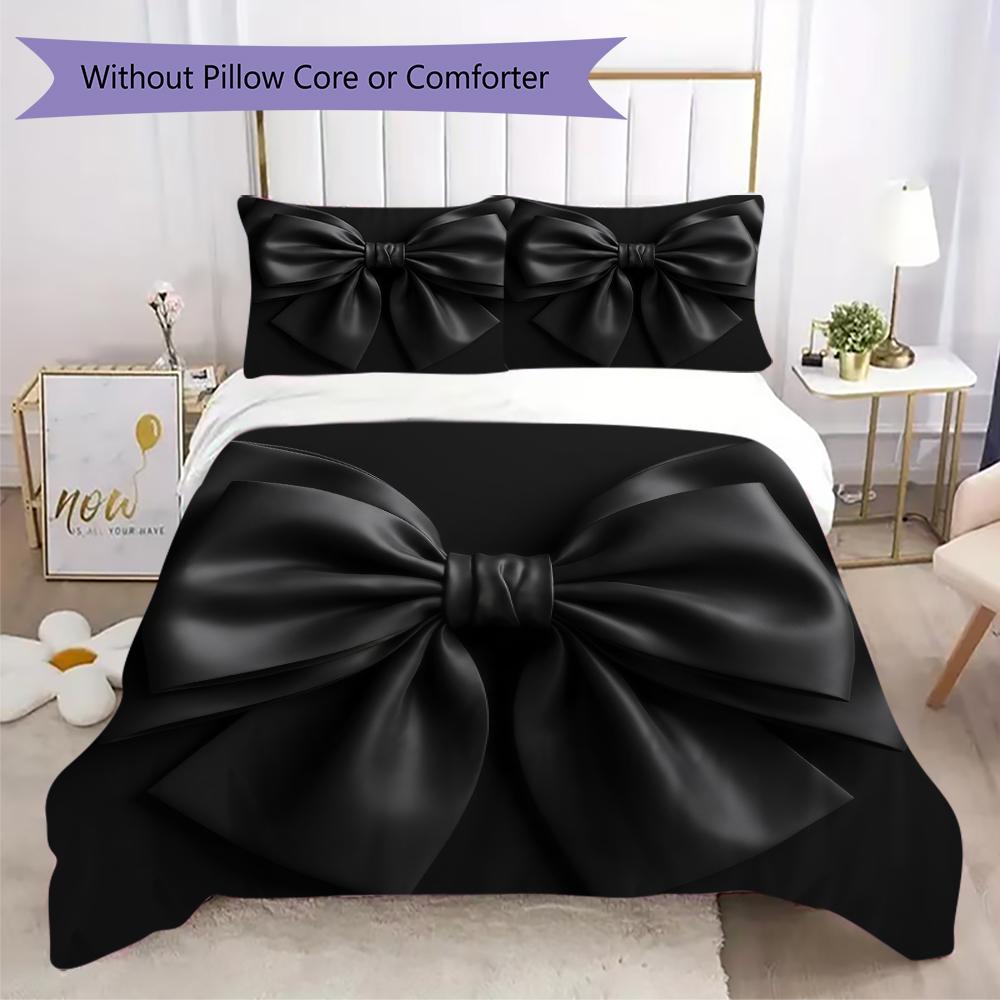 Minimal Black Bow Pattern Bedding Uilt Set Uilt Cover Pillowcase Home Decoration Birthday Gift (1 * Duvet Cover + 2 * Pillowcase Without Core)