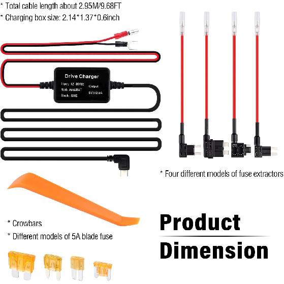 Dash Cam Hardwire Kit,[Upgraded Version] USB C Hardwire Kit for Dash Camera with 12V-24V to 5V Power Supply,Fuse Tap,Blade Fuses & Pry