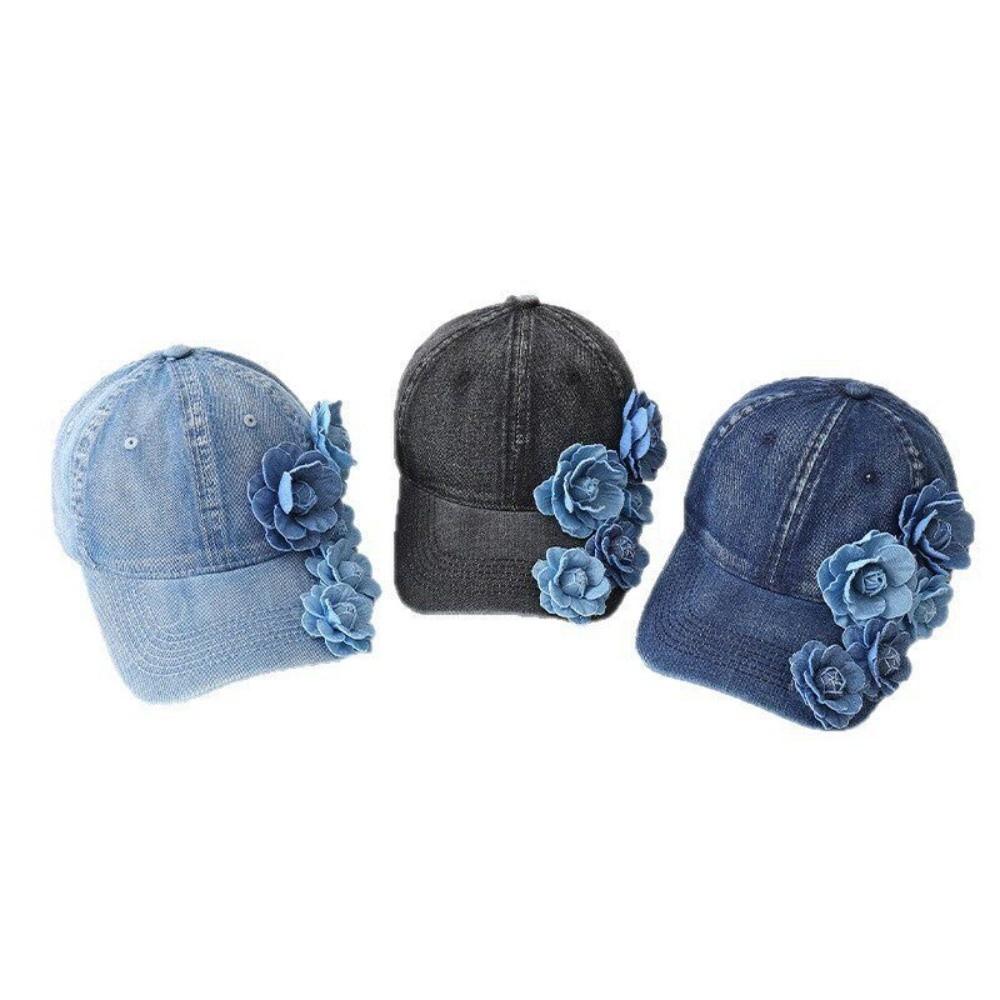 Solid Color Denim Baseball Cap 3D Floral Decor Floral Decor Hat Duckbill Cap Sun Protection