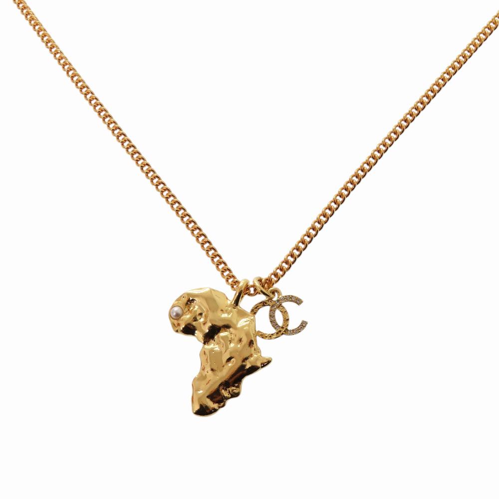 Used AUTHENTIC CHANEL CC Mark African continent motif Necklace Gold Metal Faux pearl