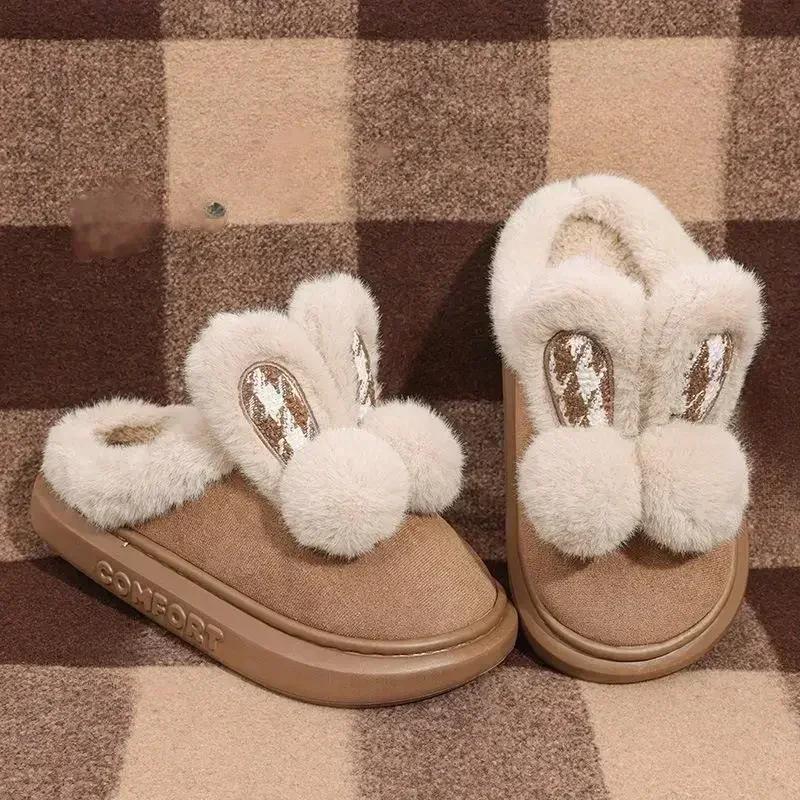 Fashion Winter Rabbit Ears Cute Cotton Slippers Warm Casual Indoor House Thick Bottom Non Slip Lightweight Cover Heel Fashion Home Shoes