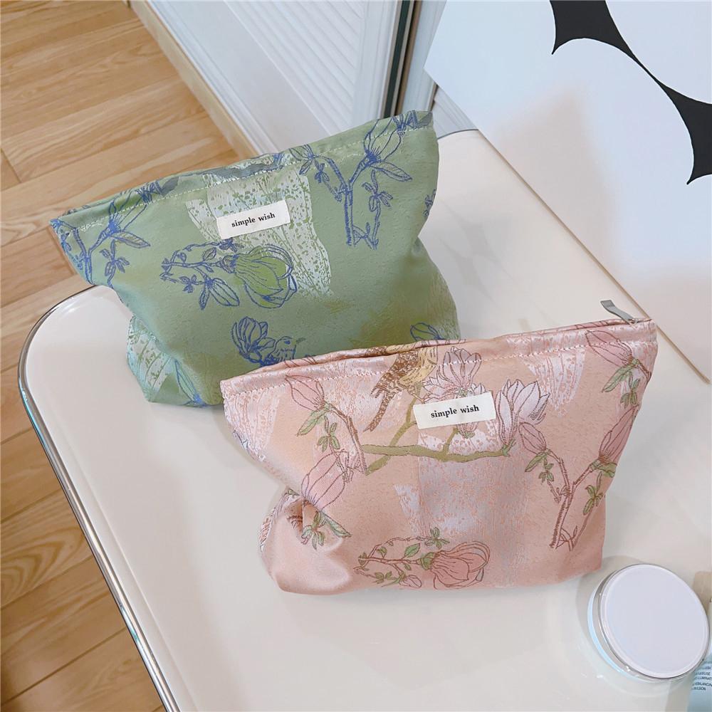National Style Bird Flower Pattern Makeup Bag Canvas Zipper Purse Portable Cosmetic Pouch Organizer Bag