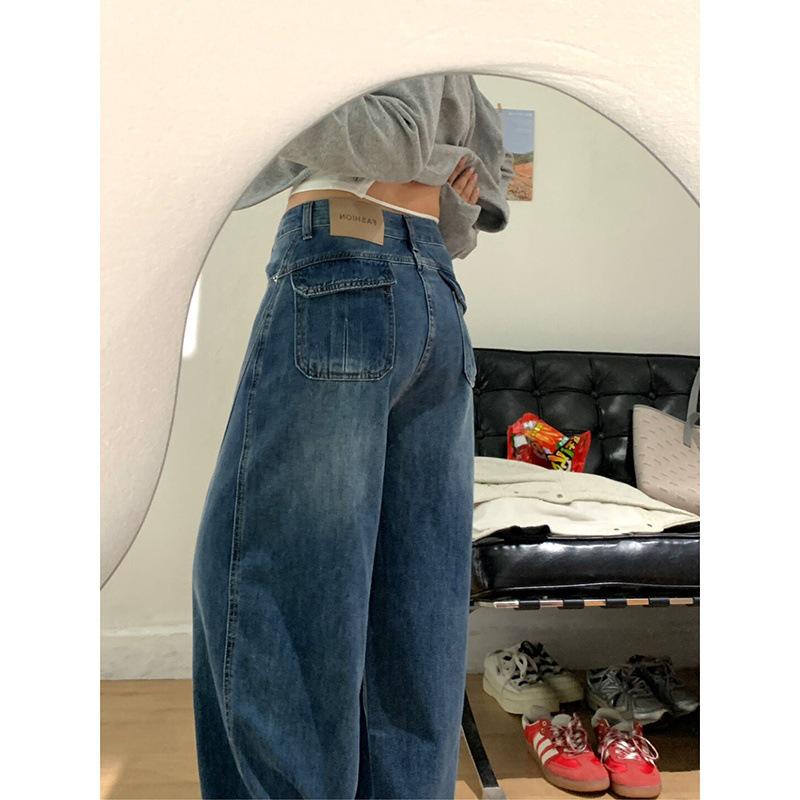 

Women s Plus Size Vintage High-Waisted Blue Denim Jeans: Pear Shape Loose Fit, Wide Leg, Slimming Straight Cut for Autumn M