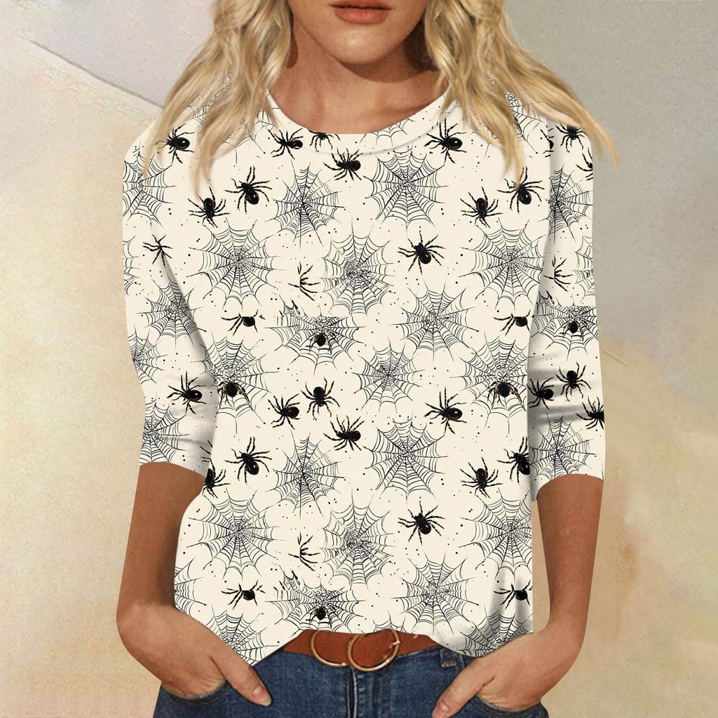 Women's Fashionable Casual Three-Quarter Sleeve Halloween Print Round Neck Top