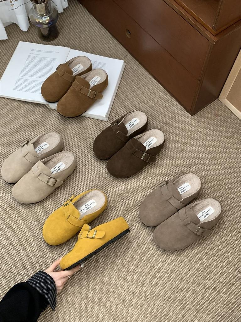 Birkenstocks Small Inner Height Increase 5CM~ Women's Thick-soled Half-drag Velvet Autumn and Winter Cotton Shoes New Bag Head Slippers