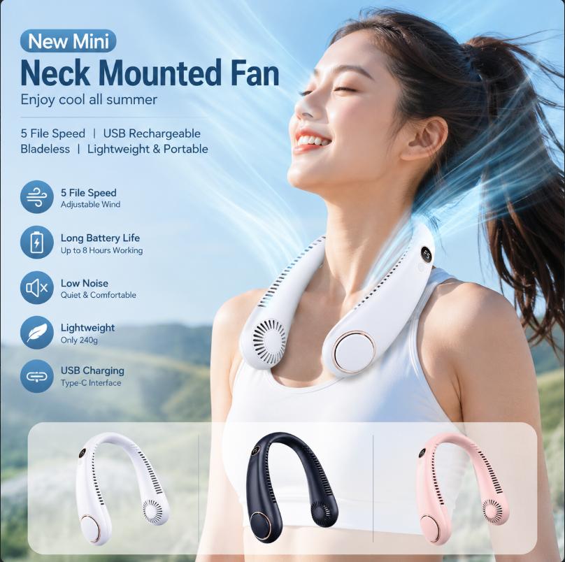Portable Rechargeable Neck Fan Better Then Table or Hand Fans, Smart Mini Hand Free 5 High Speed Fan with Rotatable Head