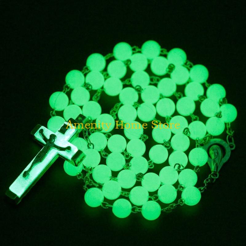 F26C 8mm Glow in the Dark Rosary Necklace Jesus Christ for Cross Pendant Noctilucent Long Chain Catholicism Religious Fashion