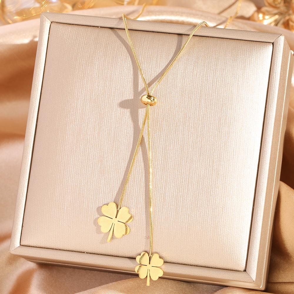 Titanium Steel Four-Leaf Clover Tassel Necklace - Women's Luxury Clavicle Chain, Fade-Resistant