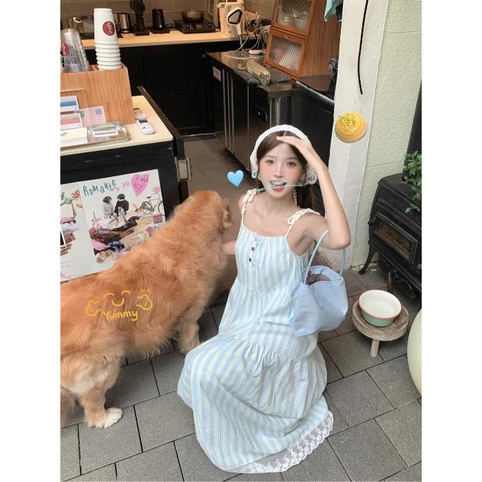

[Good quality] Seaside vacation dress blue striped suspender skirt women s summer skirt loose A-word length S