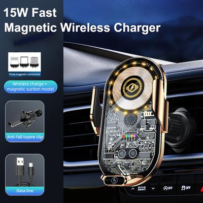 Led Light Magnetic Wireless Charger 15w Fast Charge Car Phone Holder For Iphone 14pro 14 13 12 Universal With 3 Magnetic Head