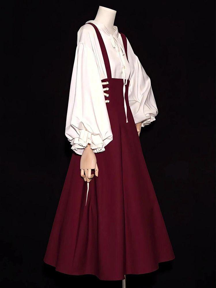 French Retro Hepburn High-Waisted Tie-Up Strap Dress & Lantern Sleeve Shirt Set
