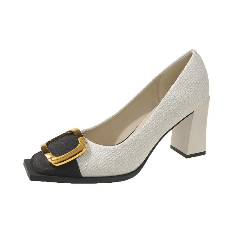 Square Head Gold Buckle High Heels Women's 2025 Spring One-pedal Thick Heel Single Shoes Temperament Shallow Mouth Square Buckle Single Shoes
