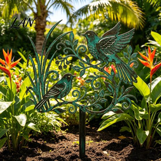 Rustic Copper Bird Statue Metal Garden Stake, Weather Resistant Iron Yard Art Ornament, Unique Accent Retro Patina Finish Sign for Outdoor Lawn Decor