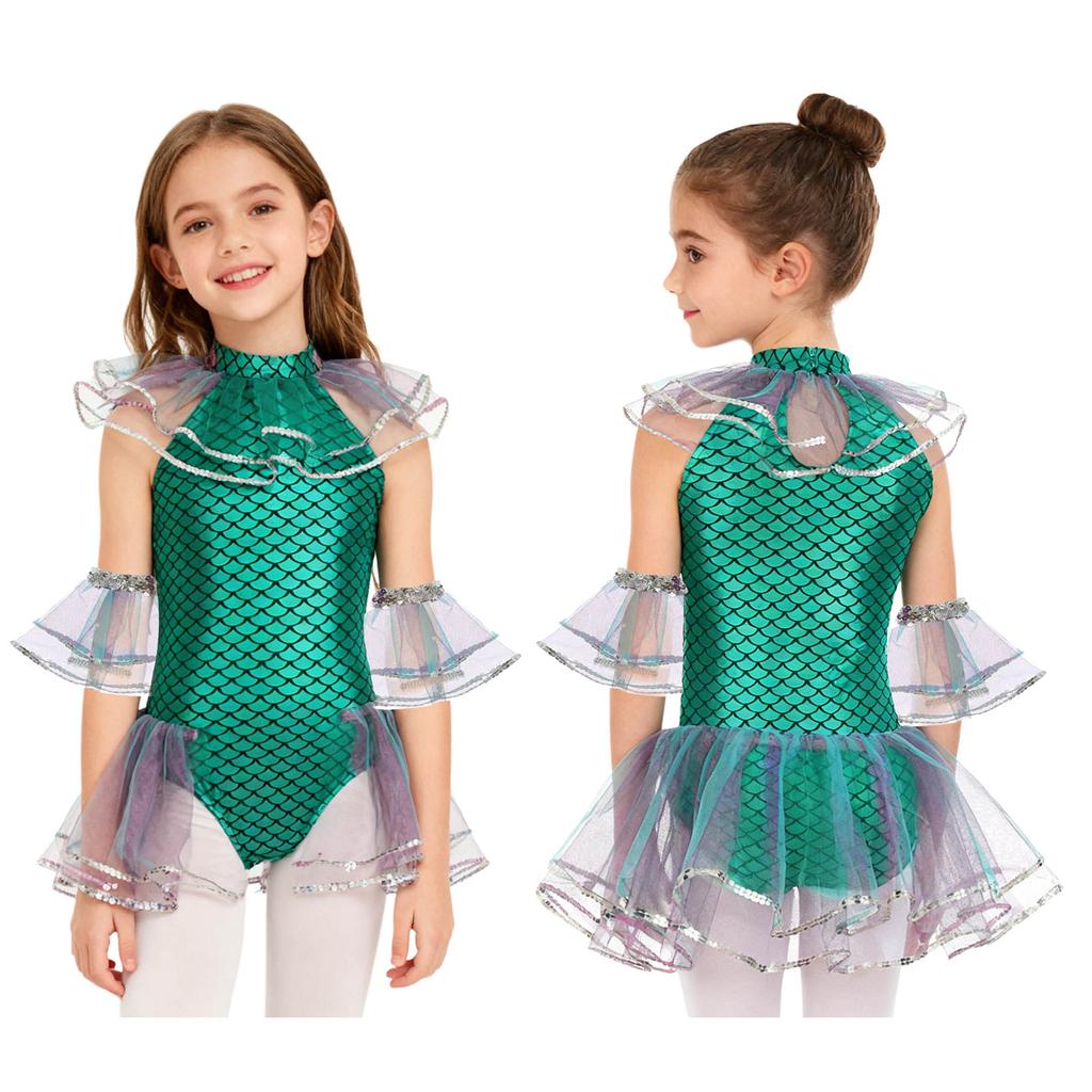 Kids Girls Mermaid Cosplay Costume: Sleeveless Mesh Sequins Bodysuit with Fish Scales Print & Arm Sleeves for Halloween Party