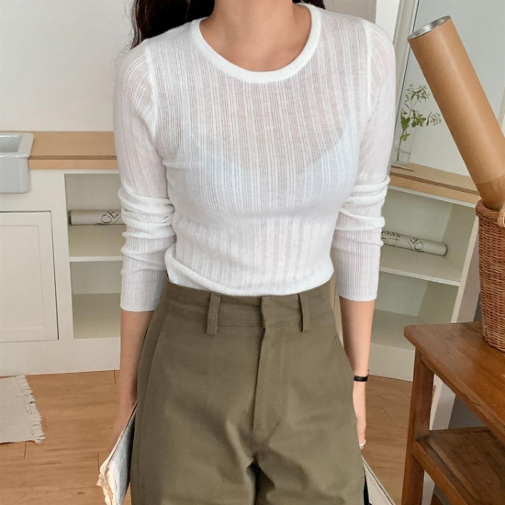New Arrivals Open Run Women Sheer Rib Slim Long Sleeve Knit Inner