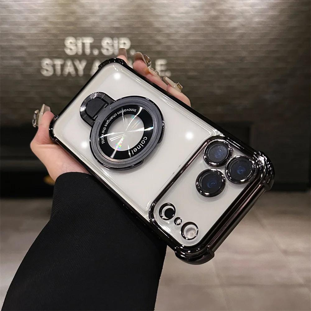 Fashion Plating Armor Magnetic Bracket Transparent Cases For iPhone 17 Air 16 Pro Max Four Corner Airbag Enhance Anti-Drop Cover