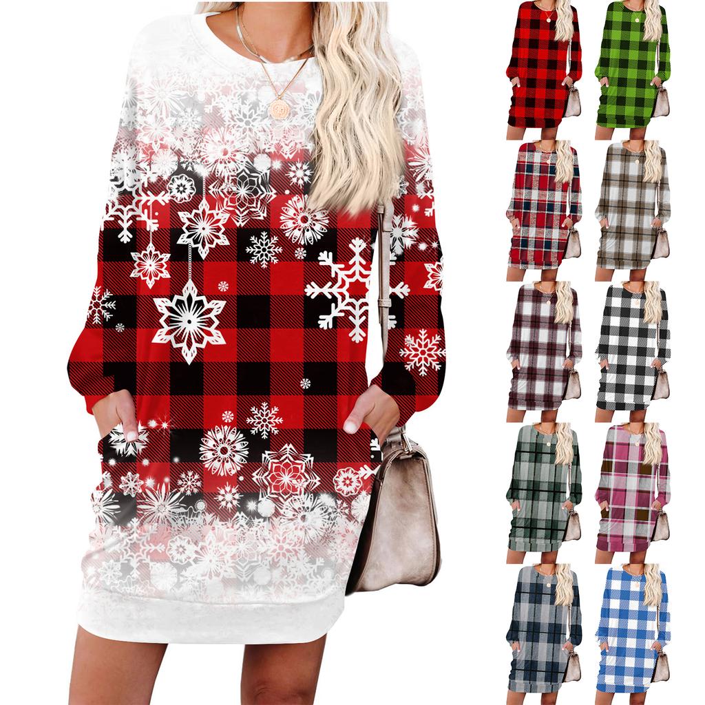 Damen Kariert Modisch Langärmlig Rundhals Taschenkleid