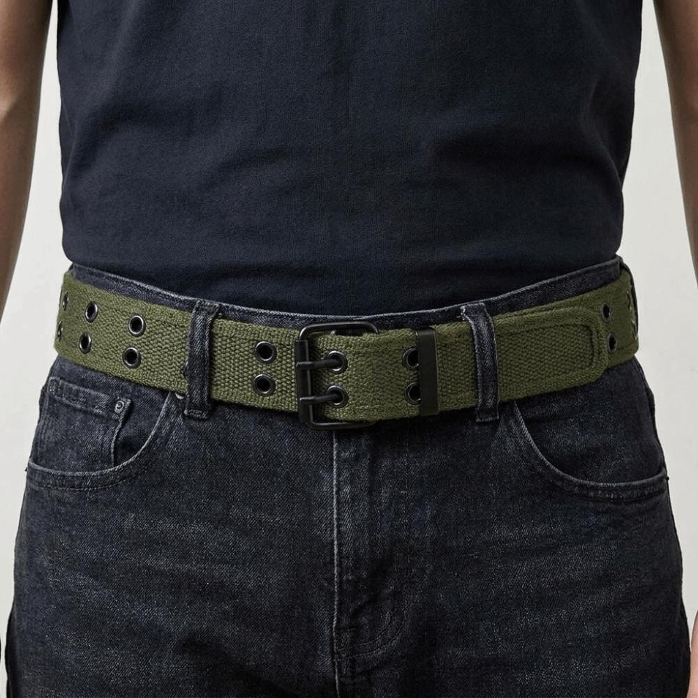 Woven Canvas Waist Belt Metal Buckle Woven Belts Versatile Double Row Buckle Belt Leisure Wear