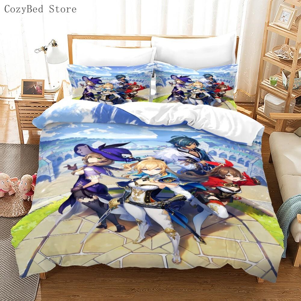Genshin Impact Bedding Set Cartoon Anime Duvet Cover Single Double Size Kids Boys Luxury 3D Bed Linen Decor Home
