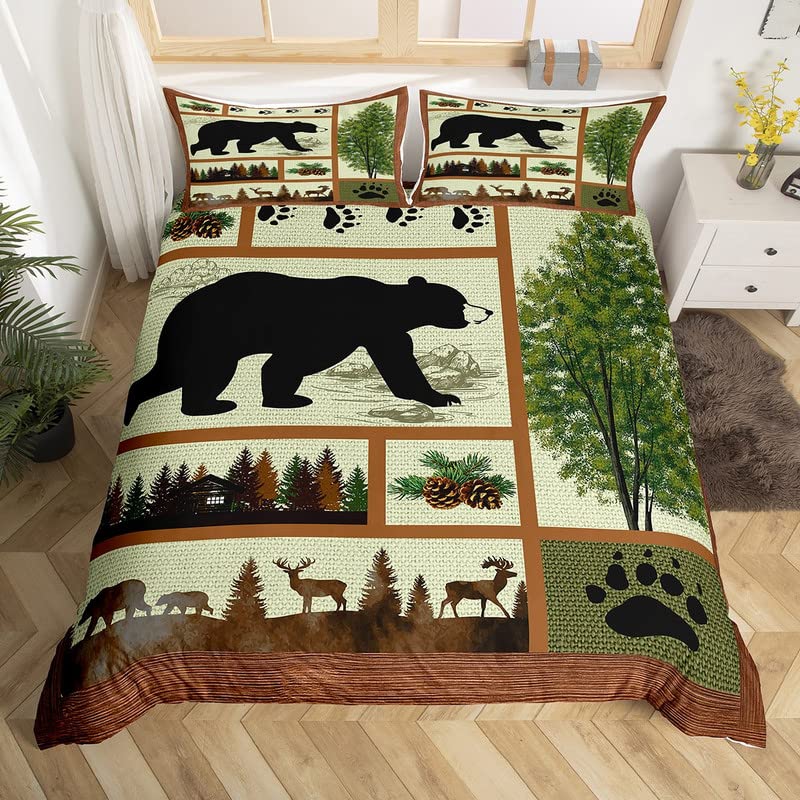 Bear King Queen Duvet Cover Rustic Western Wildlife Comforter Cover Pine Cone Farmhouse Wooden Bedding Set Polyester Quilt Cover
