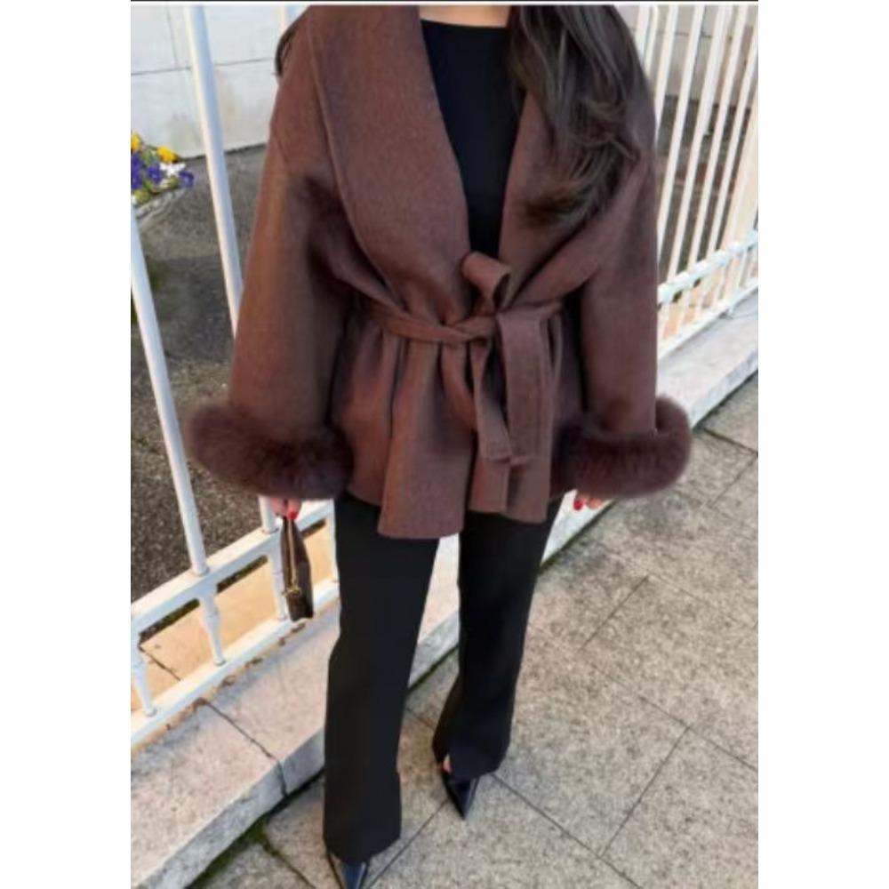 Fashion Lapel V-neck Woolen Coat Women Chic Lace Up Single Breasted Pocket Loose Jacket Lady Daily High Street Outwears