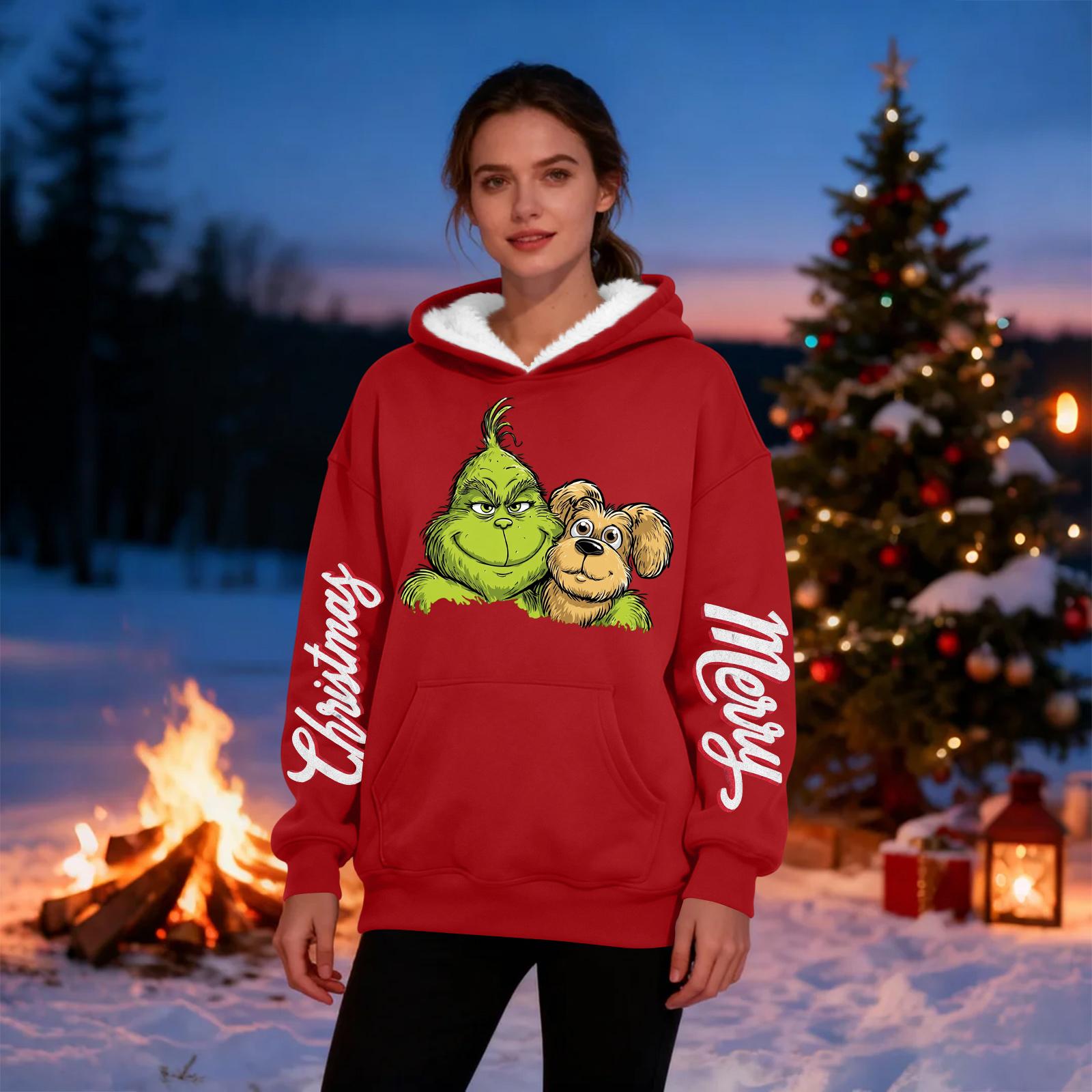 

Women s Casual Fashion Plus Velvet Thickened Christmas Print Hooded Sweatshirt L