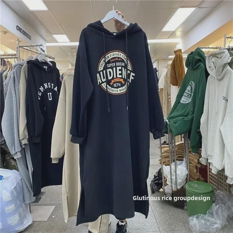 Korean-Style Winter Oversized Velvet Hooded Printed Knee-Length Dress for Women