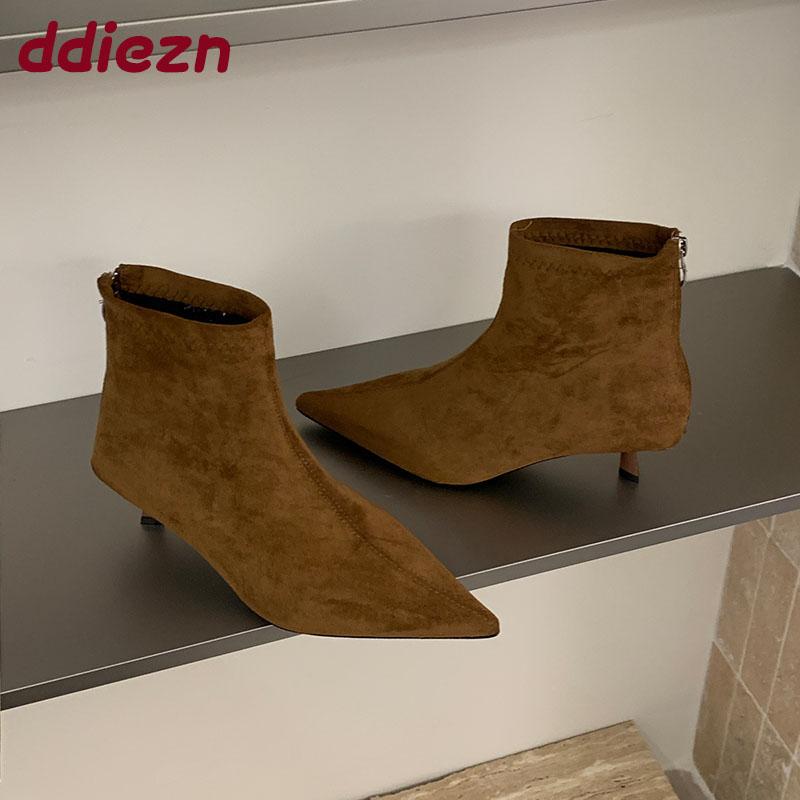 Fashion Pointed Toe Footwear Low Heel Ladies Ankle Modern Boots Female Zippers Fashion Flock Women Short Boots Pumps Shoes