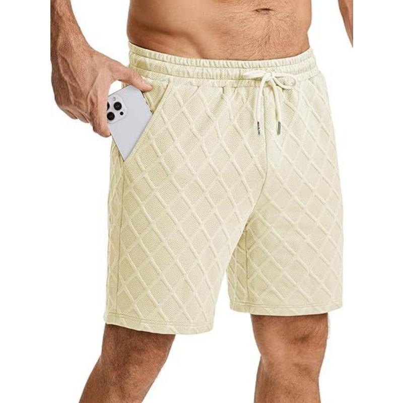 Mens Casual Elastic Waist Drawstring Argyle Texture Shorts