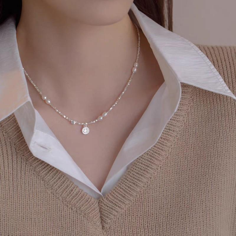 Handmade Minimalist Freshwater Pearl Necklace Women 5-6mm Silver-Tone Geometric Choker With Sterling Pendant